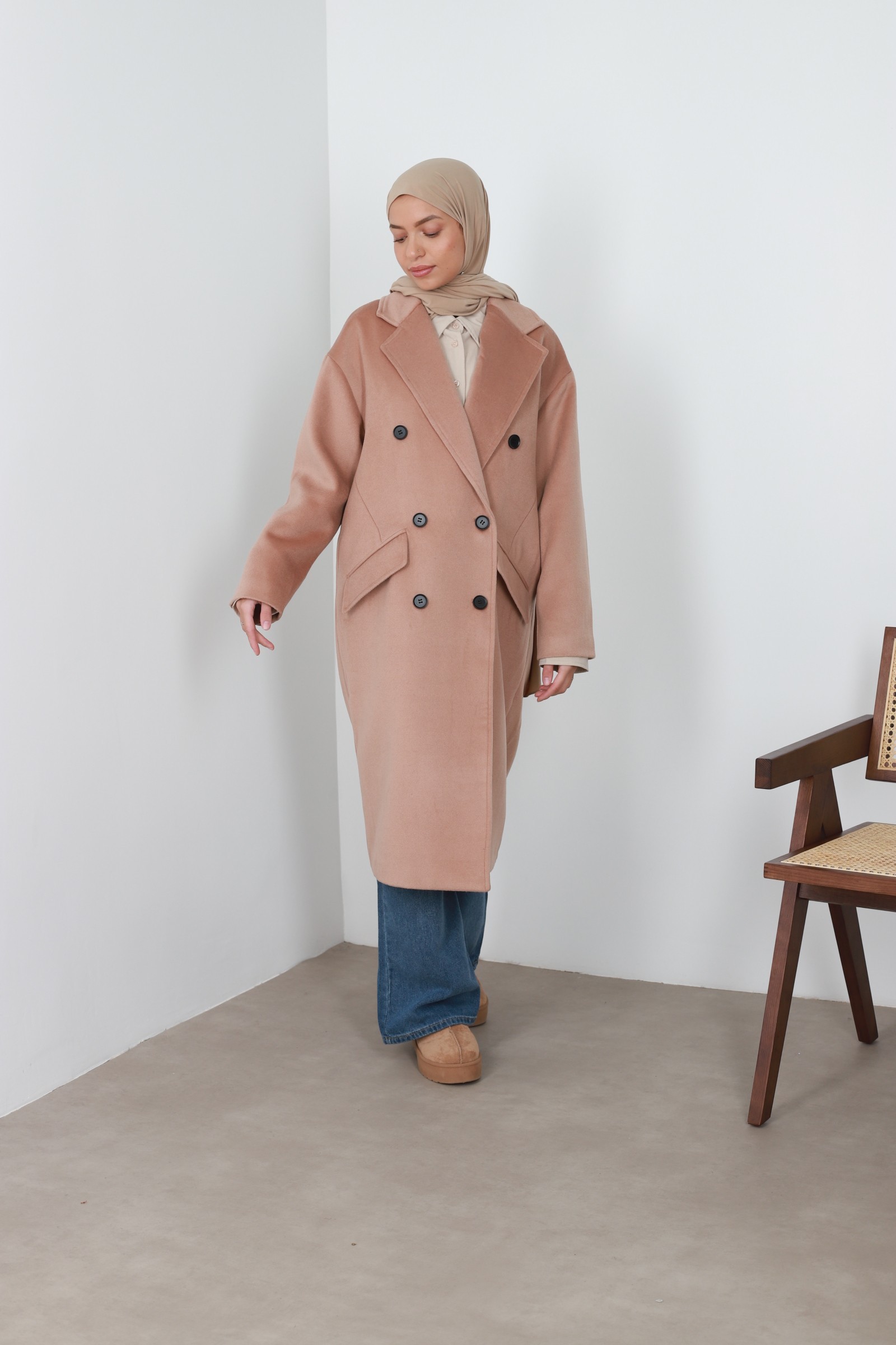 Camel double-breasted wool coat